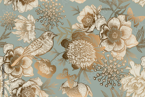 Tapeta ścienna na wymiar Seamless pattern with peonies, bird and butterflies. Vintage.