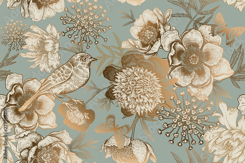 Naklejka na meble Seamless pattern with peonies, bird and butterflies. Vintage.