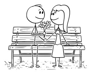 Poster - Cartoon stick drawing conceptual illustration of romantic couple sitting on park bench or seat, man is giving flowers to woman.