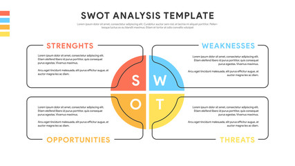 Four colorful elements with text inside placed around circle. Concept of SWOT-analysis template or strategic planning technique. Infographic design template. Vector illustration.