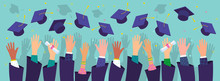 Concept Of Education. Graduates Throwing Graduation Hats In The Air.