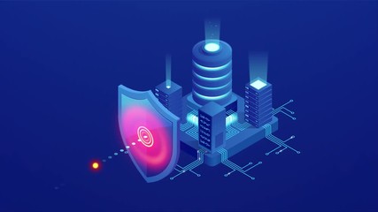 Wall Mural - Isometric Protection network security and safe your data concept. Web page design templates Cybersecurity. Digital crime by an anonymous hacker. HD Video.