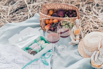 Wall Mural - Two glasses of red wine, fruits and sweets on the sunset picnic.