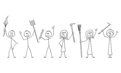 Poster - Vector cartoon stick figure drawing conceptual illustration of set of angry mob characters with torch and tools like pitchfork as weapons.