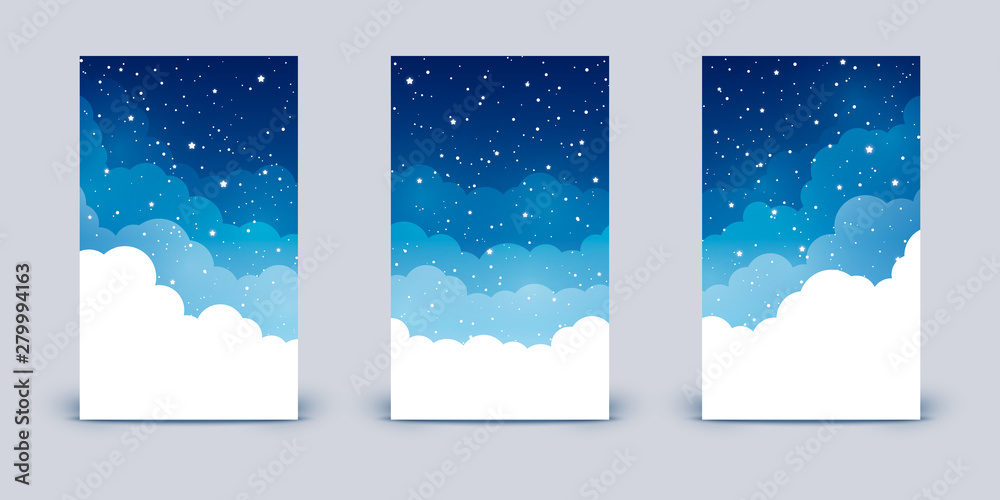 Set of vertical banners with clouds and shiny stars on night sky - obrazy, fototapety, plakaty 