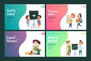 Wall Mural - back to school landing page set. vector web banners template with cartoon students. education study,