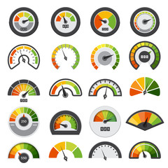 Poster - speedometers collection. symbols of speed score measuring tachometer level indices vector collection