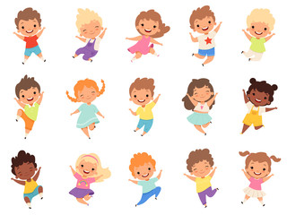 jumping kids. happy funny children playing and jumping in different action poses education little te
