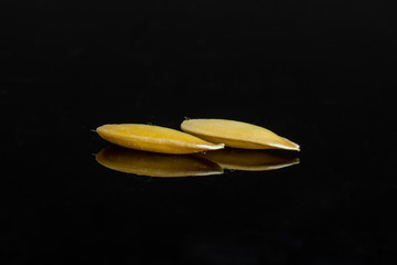 Two seeds of fresh yellow melon canary isolated on black glass
