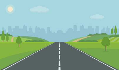 Road To City. Straight empty road through the meadow. Summer landscape vector illustration.
