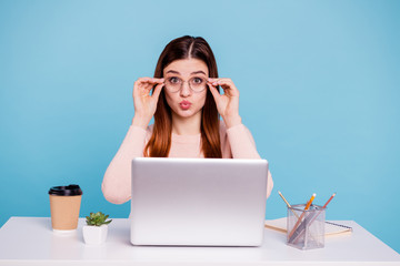 Sticker - Close up photo beautiful amazing she her foxy pretty lady sit desk table send air kiss coquettish office workplace workstation wear casual pastel warm pullover isolated bright blue background