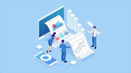 Fototapete - Isometric Expert team for Data Analysis, Business Statistic, Management, Consulting, Marketing. Landing page template concept. Data and investments. HD Video.