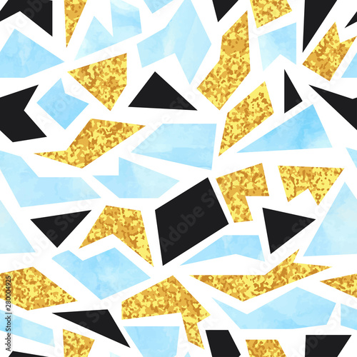 Seamless watercolor mosaic pattern. Abstract vector blue and golden background.