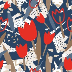 Poster - Modern seamless pattern with rough abstract shapes and blooming tulip flowers. Decorative floral backdrop in contemporary art style. Artistic vector illustration for wrapping paper, textile print.