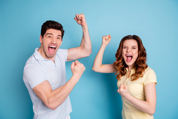 Poster - Profile photo of pair foxy lady brunet guy yell support favorite football team wear casual t-shirts isolated blue background