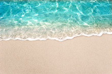 Soft Blue Ocean Wave Or Clear Sea On Clean Sandy Beach Summer Concept