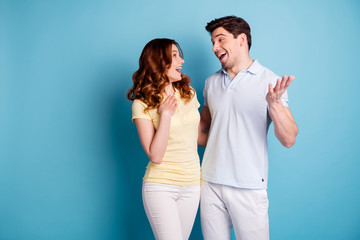 Canvas Print - Photo of two pair people lovely look hugging communicate long waited meeting wear casual t-shirts isolated blue background