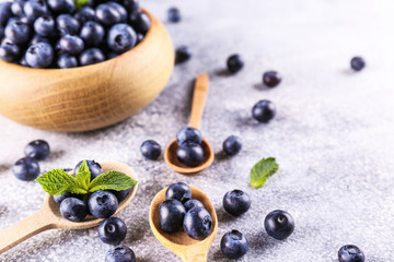 Wall Mural - Perfectly ripe freshly picked local produce blueberries. Close up, copy space for text, top view, background. Healthy vegan snacks full of antioxidants. Seasonal summer berries.