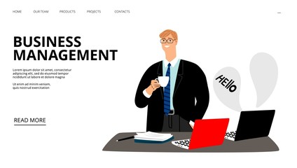 Poster - Business management landing page. Business coffee break. effective management, Vector effective management web page