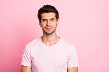 Closeup photo of amazing not smiling macho wearing casual outfit isolated on pink background