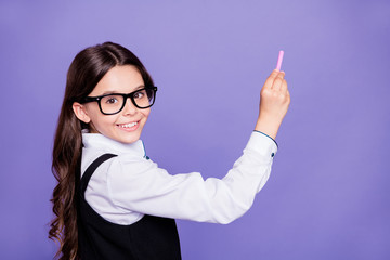 Sticker - Close-up portrait of nice attractive smart clever intellectual diligent cheerful wavy-haired pre-teen girl writing example copy space class work isolated over bright vivid shine violet background