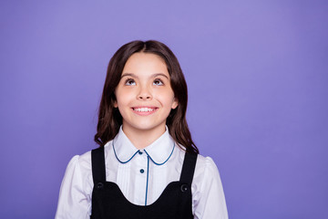 Poster - Close-up portrait of her she nice-looking attractive lovely sweet cheerful cheery creative wavy-haired pre-teen girl looking up learning solution isolated over bright vivid shine violet background