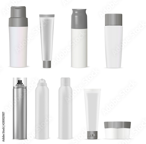 Download Cosmetic Bottles White Plastic Package 3d Vector Container Blank Cream Hair Shampooskin Care Oil Spray Dispenser Tube Mockup Luxury Vial Without Label Clear Cosmetics Template Stock Vector Adobe Stock
