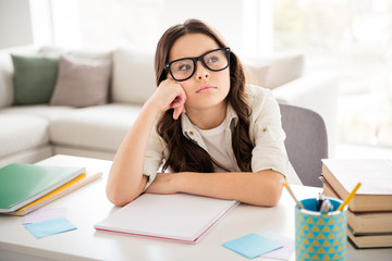 Poster - Close-up portrait of her she nice attractive charming cute sad unhappy upset intellectual wavy-haired pre-teen girl class work course 1-September first grade in light white interior room indoors