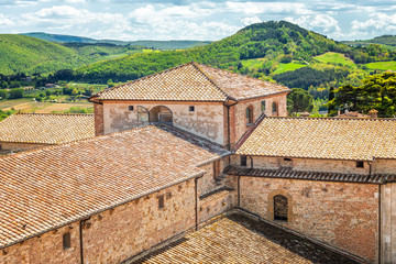 View of Santa Maria Assunta cathedral in Montepulciano, a medieval and renaissance hill town in the Italian province of Siena in southern Tuscany, Italy.