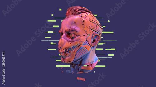 Surreal 3d Illustration Of Cyborg Head In A Futuristic Scary