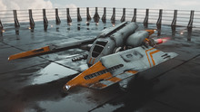 3d Illustration Of Old Scratched Metal Spaceship Standing On The Landing Pad Against The Sky. Sci-fi Vehicle Standing On Wet Concrete Floor. Single Pilot Spaceship. Concept Assault Fighter, Gunship.