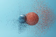 Two balls clashing together resulting in smashed breakup on blue background. 3d rendering