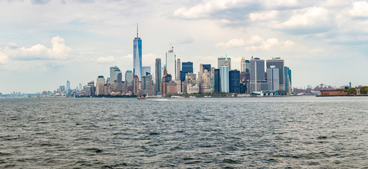 Panoramic view to Manhattan skyline from Staten Island ferry