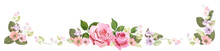 Panoramic View: Bouquet Of Roses, Spring Blossom. Horizontal Border: Red, Mauve, Pink Flowers, Buds, Green Leaves On White Background. Digital Draw Illustration In Watercolor Style, Vintage, Vector