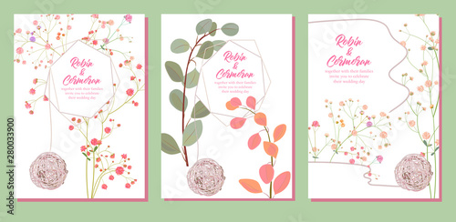 Set wedding vertical invites, decorative greeting card: pink gypsophile flowe...