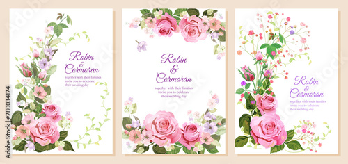 Set of wedding invites with bouquet of pink roses, gypsophile flowers, spring...