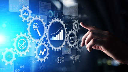 Wall Mural - Big Data analysis, Business process analytics diagrams with gears and icons on virtual screen.