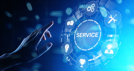 service support customer help call center business technology button on virtual screen.