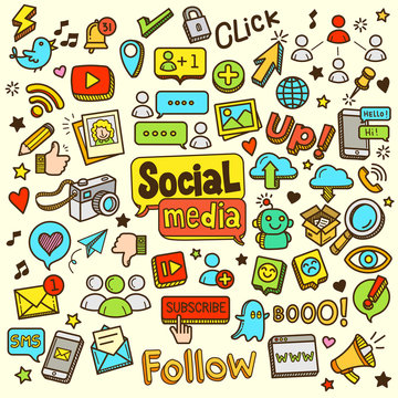 Social media related object and element collection. Hand drawn vector doodle illustration in color.