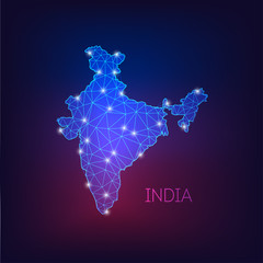 Wall Mural - futuristic glowing low polygonal india map silhouette isolated on dark blue to purple background.