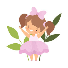 Poster - Pretty Little Girl Wearing Pink Flower Costume, Happy Adorable Kid in Carnival Clothes Vector Illustration