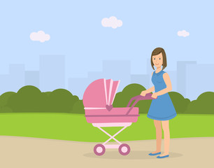 Sticker - Young Mother with Her Baby in Stroller Walking Outdoor, Woman Pushing Pram with Newborn Baby on Summer Landscape Vector Illustration