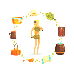 Young Woman Relaxing at Spa, Girl with with Bunches of Birch Tree Twigs, Sauna and Russian Bathhouse Accessories Vector Illustration