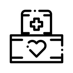 Canvas Print - Volunteers Support Medikit Vector Thin Line Icon. Volunteers Support, Help Charitable Organizations, Heart On Package With Medicine Box Linear Pictogram. Contour Illustration