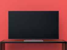 A 3d Rendered Illustration Of A Close-up Of A Large Widescreen Television On A Black Metal And Dark Wood Stand In A Red Room.