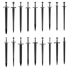Set Of Simple Monochrome Images Of Medieval Long Swords.