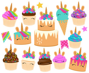 Cute Vector Collection of Unicorn Themed Desserts and Birthday Decorations