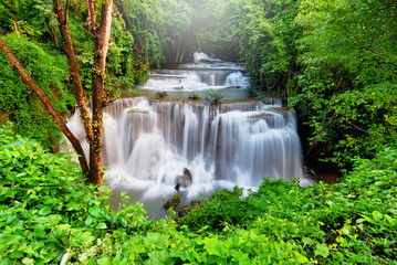 Wall Mural - Beautiful waterfall in green forest shoot by slow shutter speed to make the water look softer, Huay Mae Kamin Waterfall in Thailand