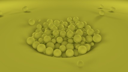 Poster - 3d image of many yellow balls of different sizes in one big pile on a yellow surface. all objects in