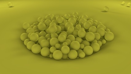 Poster - 3d image of many yellow balls of different sizes in one big pile on a yellow surface. all objects in